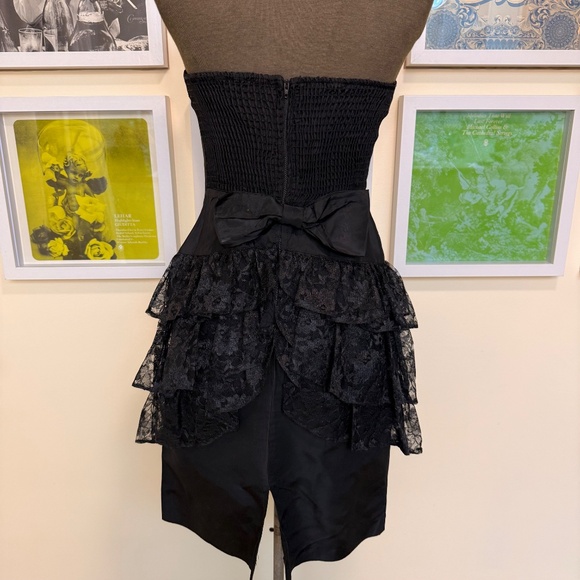 Vintage 80s Black Strapless Party Dress Lace Ruffle Skirt Bow Back - Picture 2 of 8
